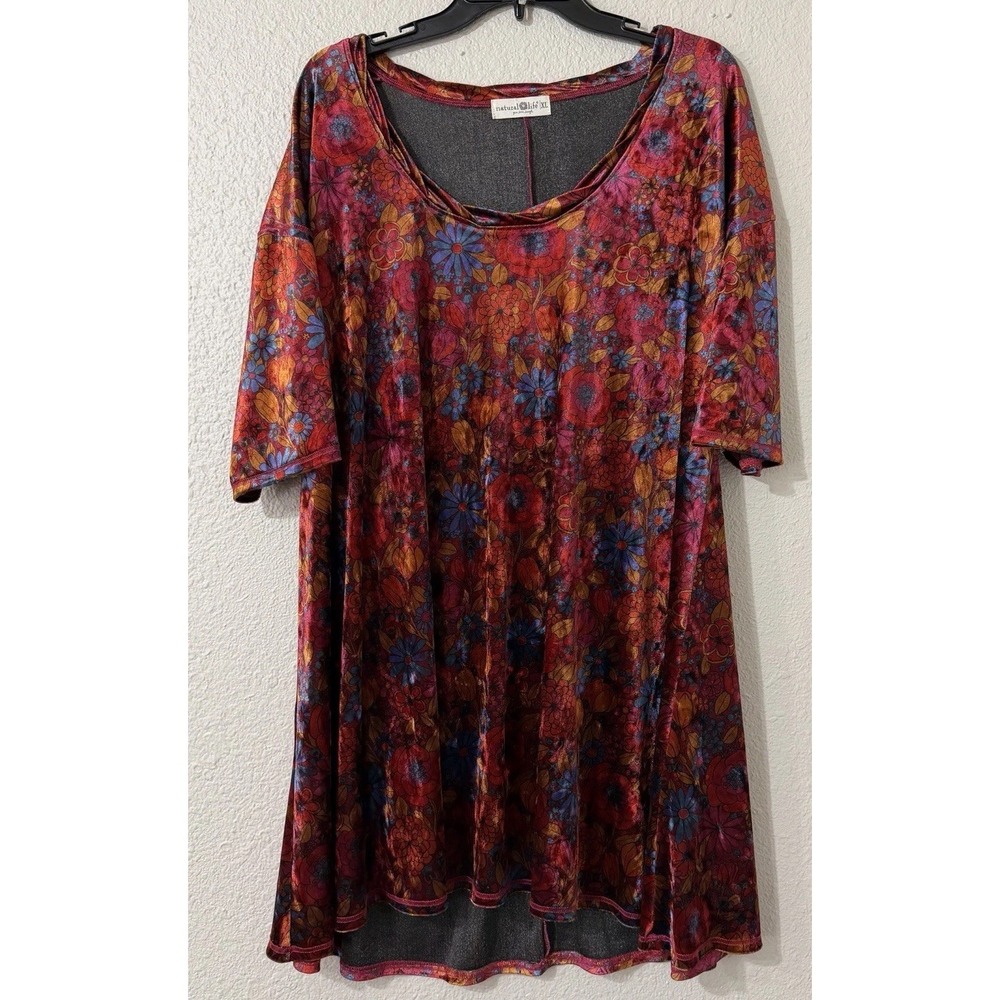 Natural Life XL  Womens Velvet Mini Dress Boho Shortsleeve Short Floral Stretch